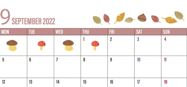 きのこがおしゃれな22年9月のカレンダーテンプレートは無料のa4素材 カレンダー姫