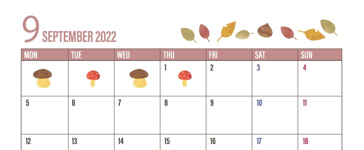 きのこがおしゃれな22年9月のカレンダーテンプレートは無料のa4素材 カレンダー姫
