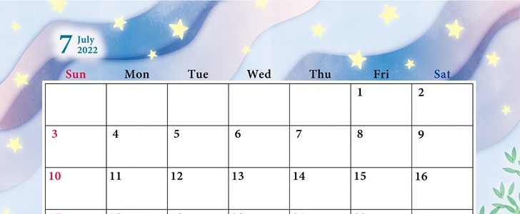 イラストカレンダー 七夕デザインの22年7月 無料でダウンロード利用して夏休みをエンジョイ カレンダー姫