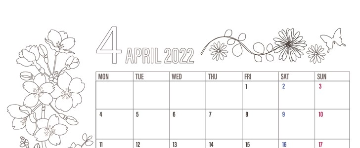 無料の塗り絵カレンダー（2022年4月）は春の花がおしゃれなイラスト素材をダウンロード
