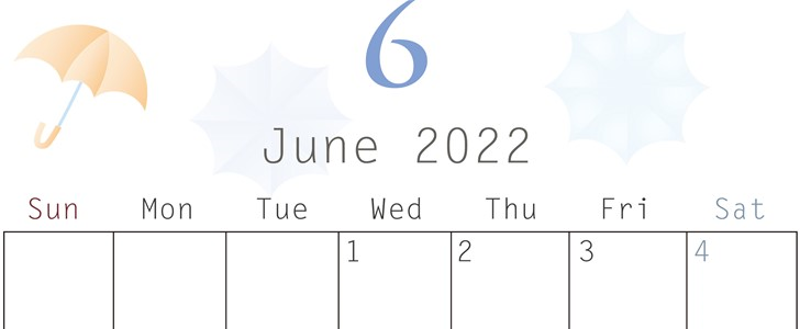 縦型のカレンダー！2022年6月の無料テンプレートは傘のイラストで梅雨を楽しめるをダウンロード