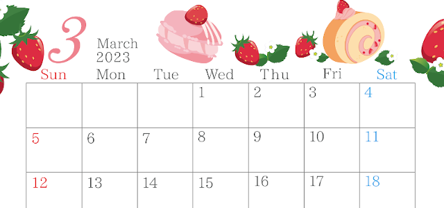 苺とマカロンがかわいい2023年3月の印刷用カレンダーを無料でダウンロードしようをダウンロード