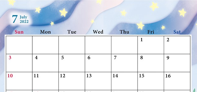 イラスト付き！無料カレンダー！可愛いシンプルな2022年7月向けデザイン！ダウンロード・印刷して夏休みをエンジョイ！をダウンロード