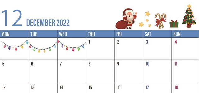 月曜始まりのカレンダーは2022年12月はプレゼントのイラストがあり無料で印刷利用も可をダウンロード