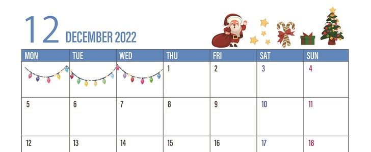 月曜始まりのカレンダーは2022年12月はプレゼントのイラストがあり無料で印刷利用も可をダウンロード