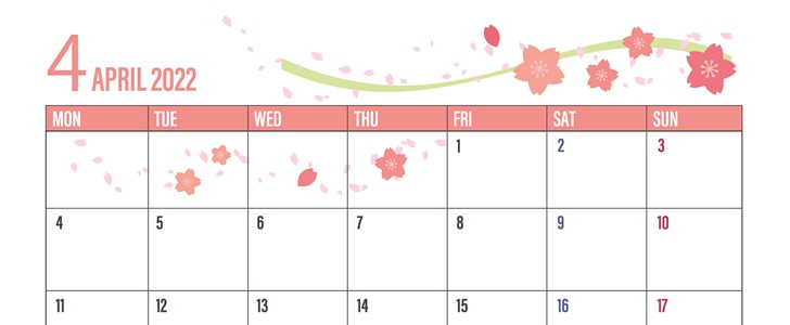 桜の花デザインがおしゃれなA4サイズの2022年4月カレンダーをダウンロードをダウンロード