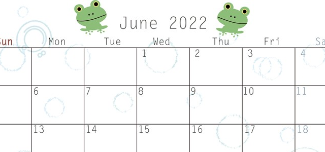 蛙のイラストがポップ！使いやすい2022年6月の無料カレンダー！印刷利用がおすすめ！をダウンロード